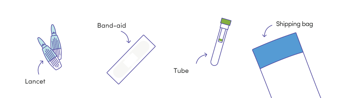 Contents for the finger prick are the lancet, band-aid, tube and shipping bag