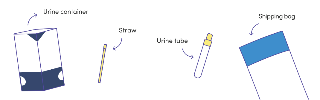 Contents for the urine test are the urine container, straw, tube and shipping bag